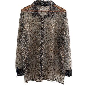 Vintage Leopard Print Mesh Lace Tunic Shirt 1X Sheer Button Front Whimsigoth